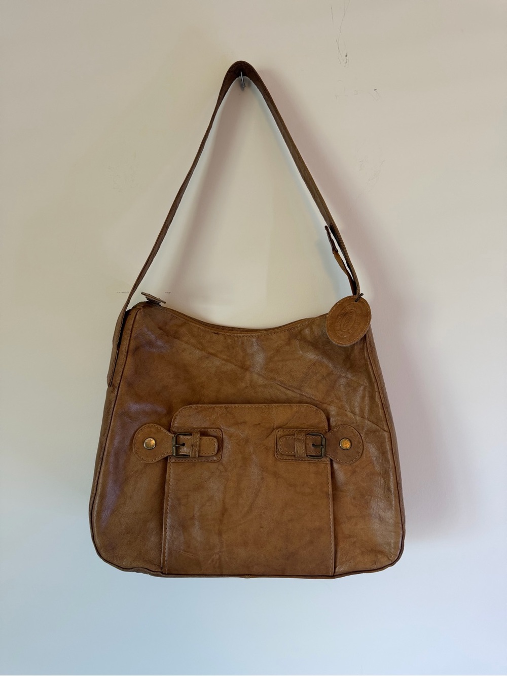 Soft Tan Leather Hobo Shoulder Bag with Front Pocket